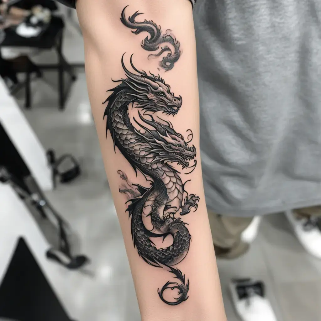 Realistic black and white dragon tattoo coiling around the outer forearm with detailed scales and smoke patterns