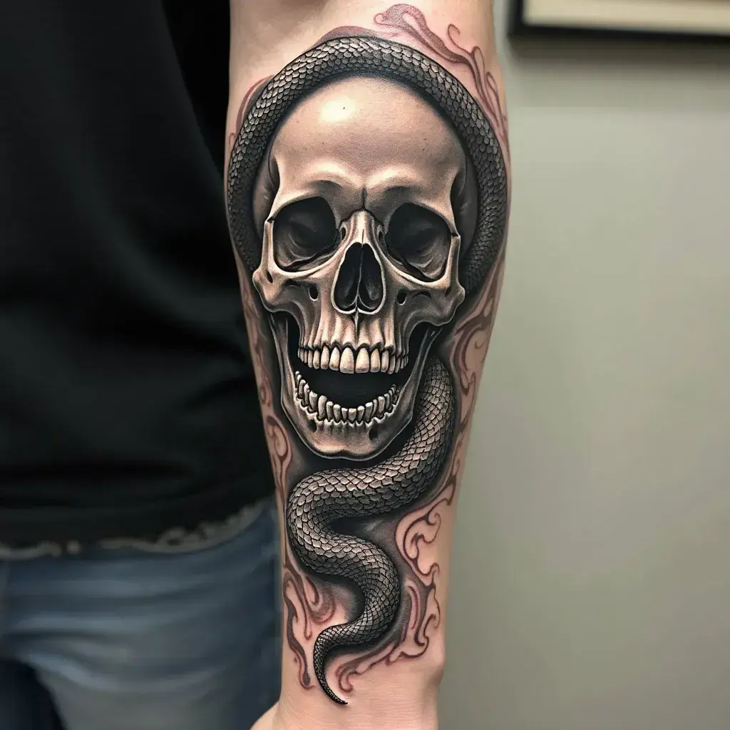 3D skull and snake forearm tattoos for men