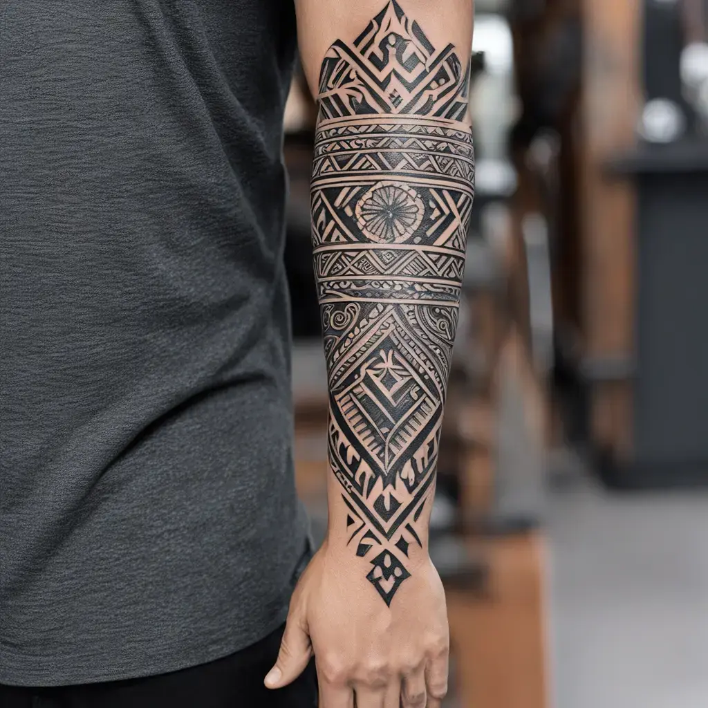 Geometric blackwork tribal tattoo sleeve covering the full forearm with intricate patterns