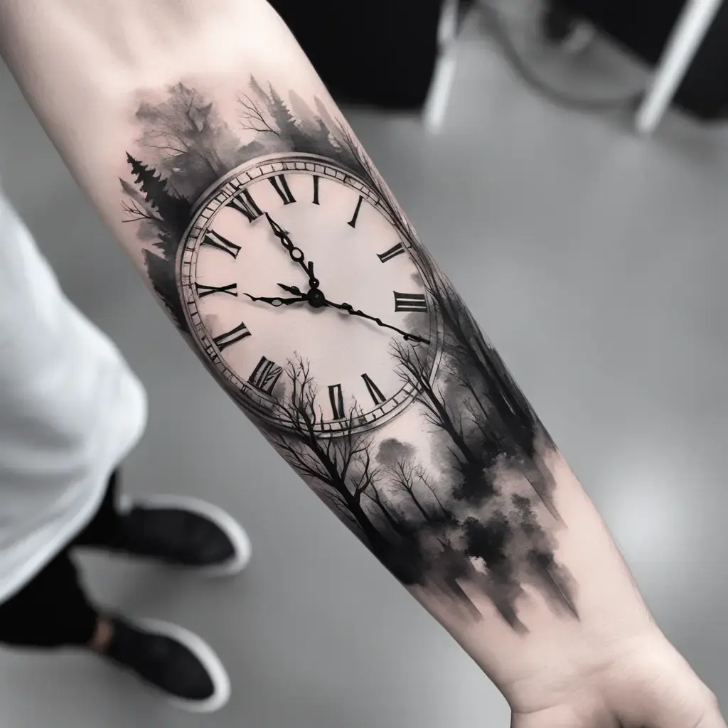 Vintage clock and forest forearm tattoo