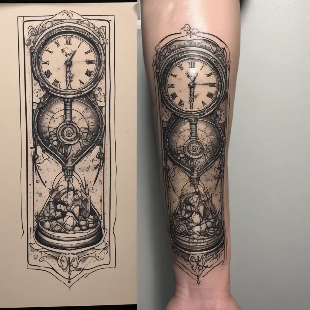 Detailed black and white Memento Mori tattoo of a clock and hourglass, covering the full forearm