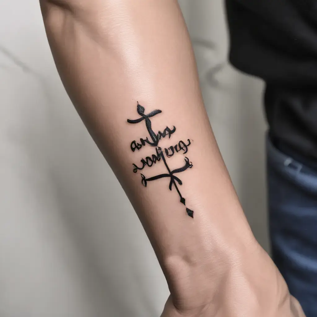 Minimalist black and white cross with lettering tattoo on the inner forearm