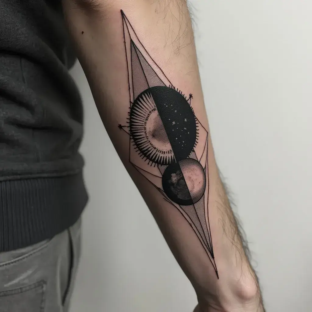 Abstract sun and moon forearm tattoos for men