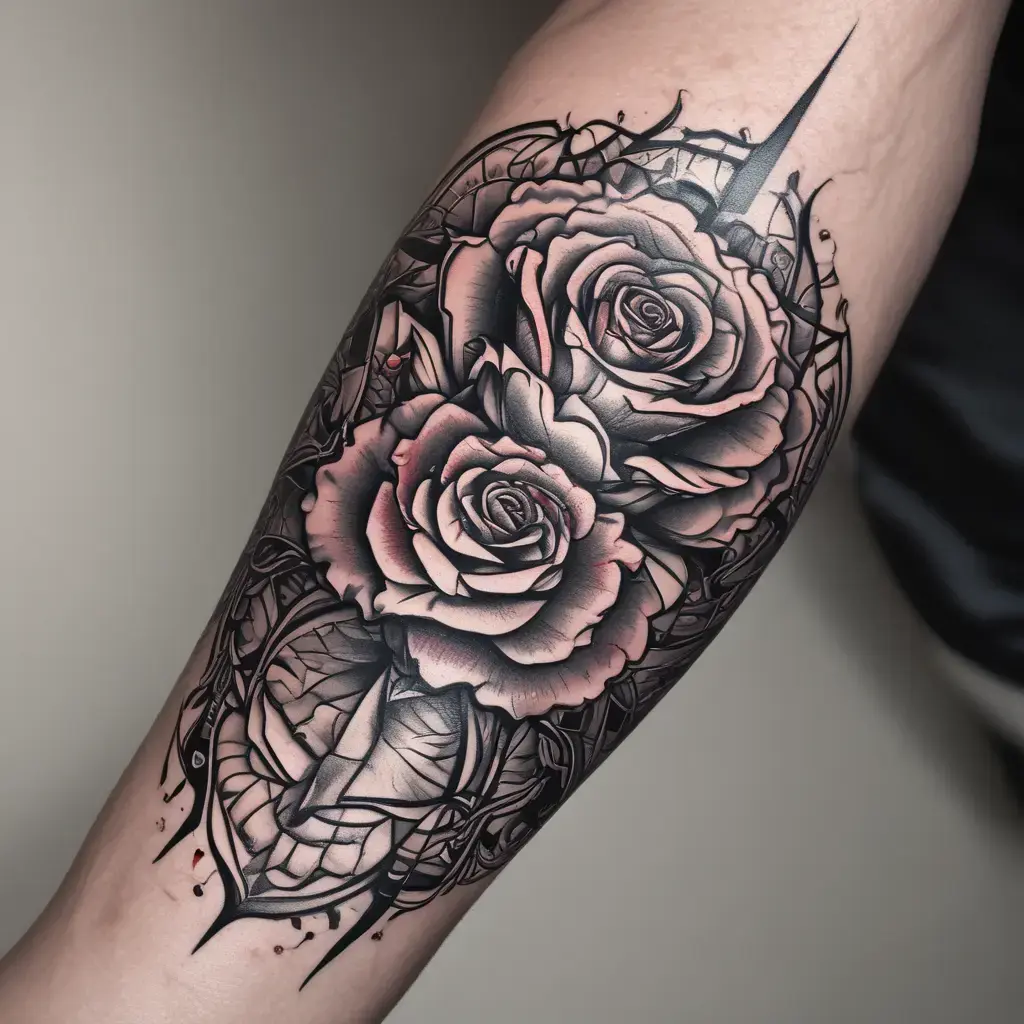 Realistic geometric rose tattoo with soft shading on the outer forearm