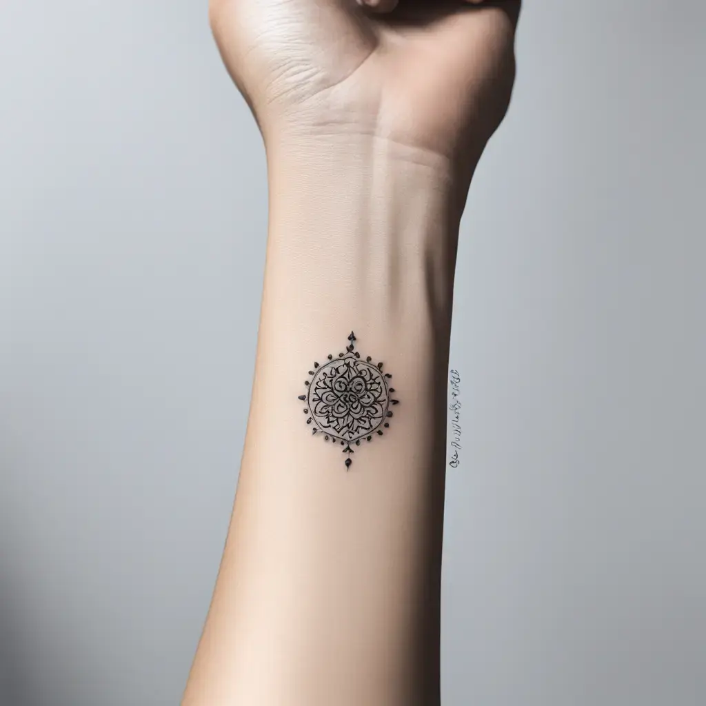 Small blackwork mandala tattoo on the wrist, featuring delicate geometric details