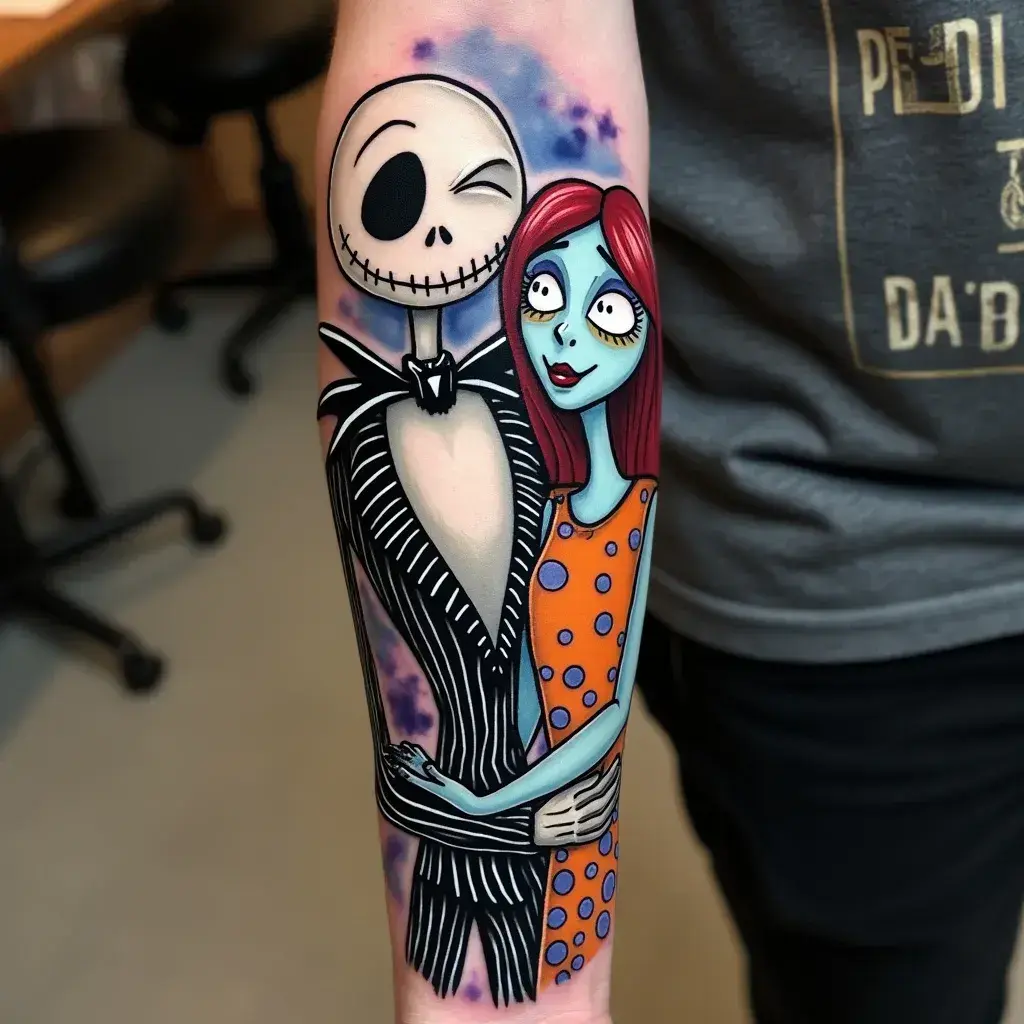 Cartoon Jack and Sally forearm tattoos for men