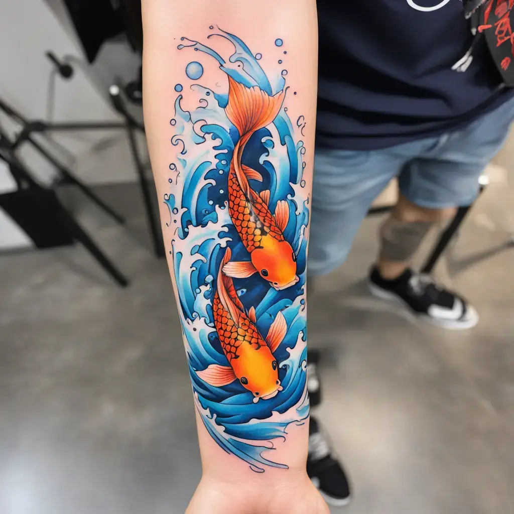 Vibrant koi fish swimming through waves tattoo on the outer forearm