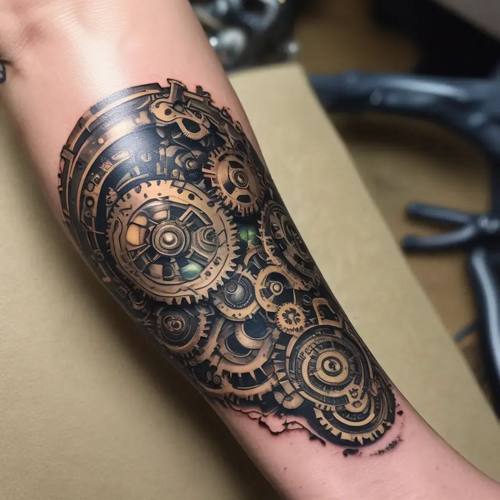 Biomechanical tattoo featuring gears and mechanical elements on the outer forearm