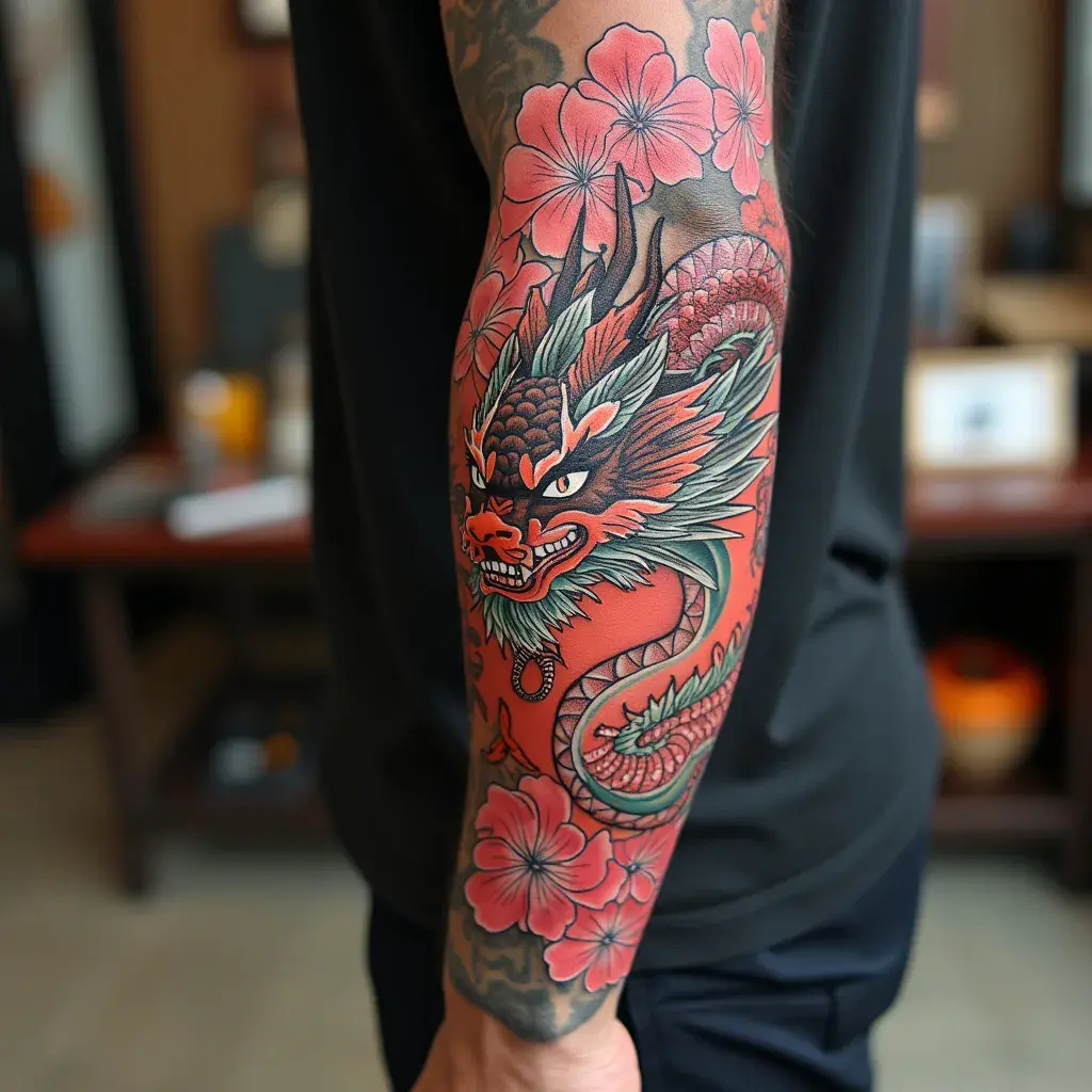 Japanese dragon with cherry blossoms forearm tattoos for men