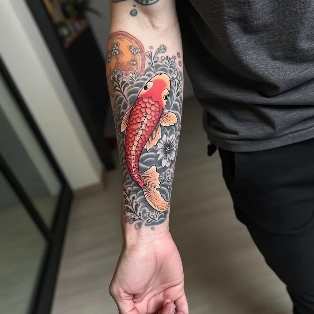 Japanese Koi Fish Forearm Tattoo with Flowing Water Design