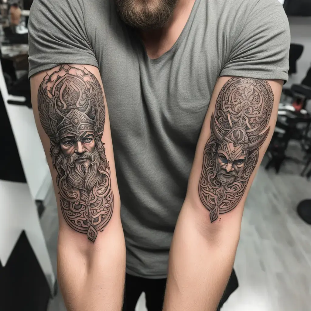 Detailed Viking warrior faces tattoo on the inner and outer forearms with intricate patterns