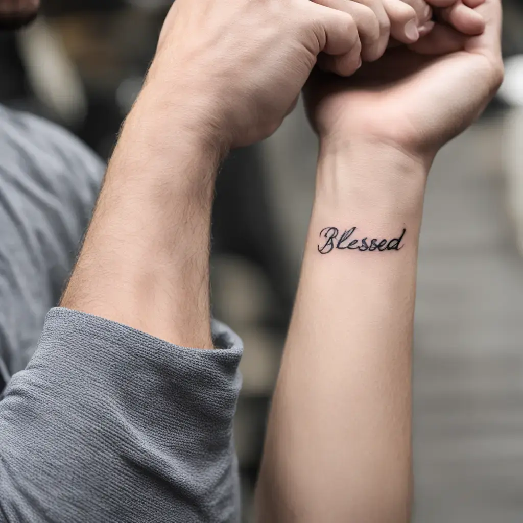 Simple black and white 'Blessed' script tattoo on the wrist