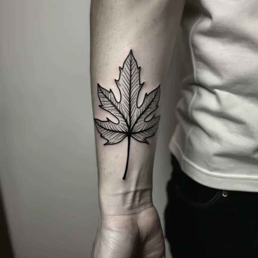 Minimalist black and white leaf forearm tattoos for men