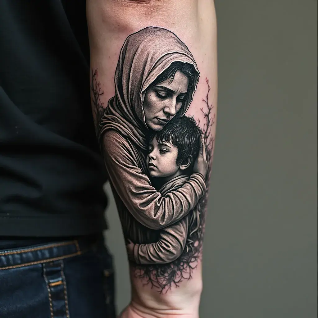 Forearm tattoo of a mother protecting her child.