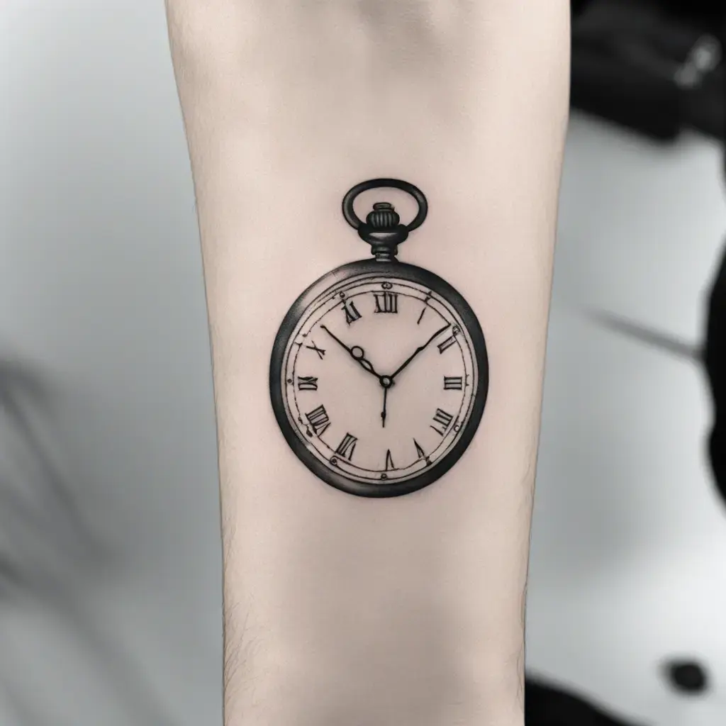 Vintage pocket watch forearm tattoo