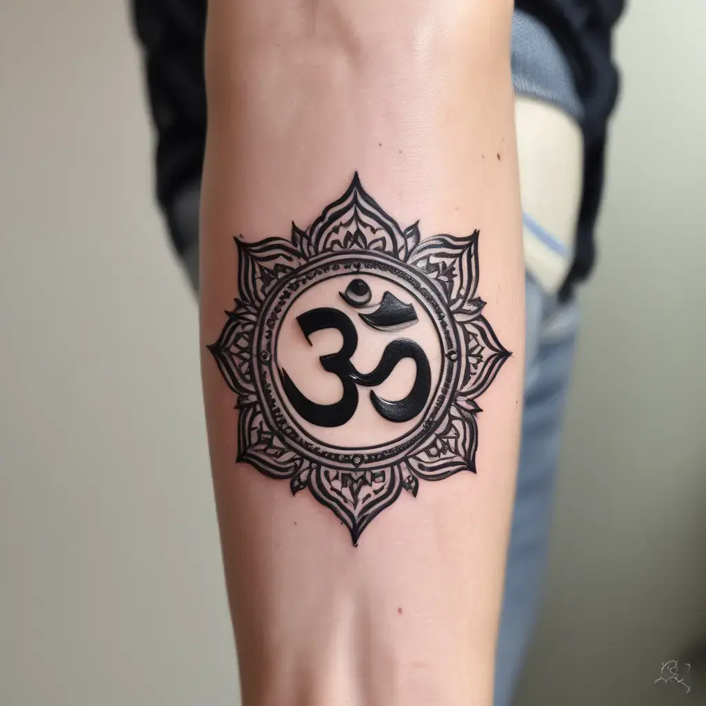 Om symbol mandala forearm tattoo