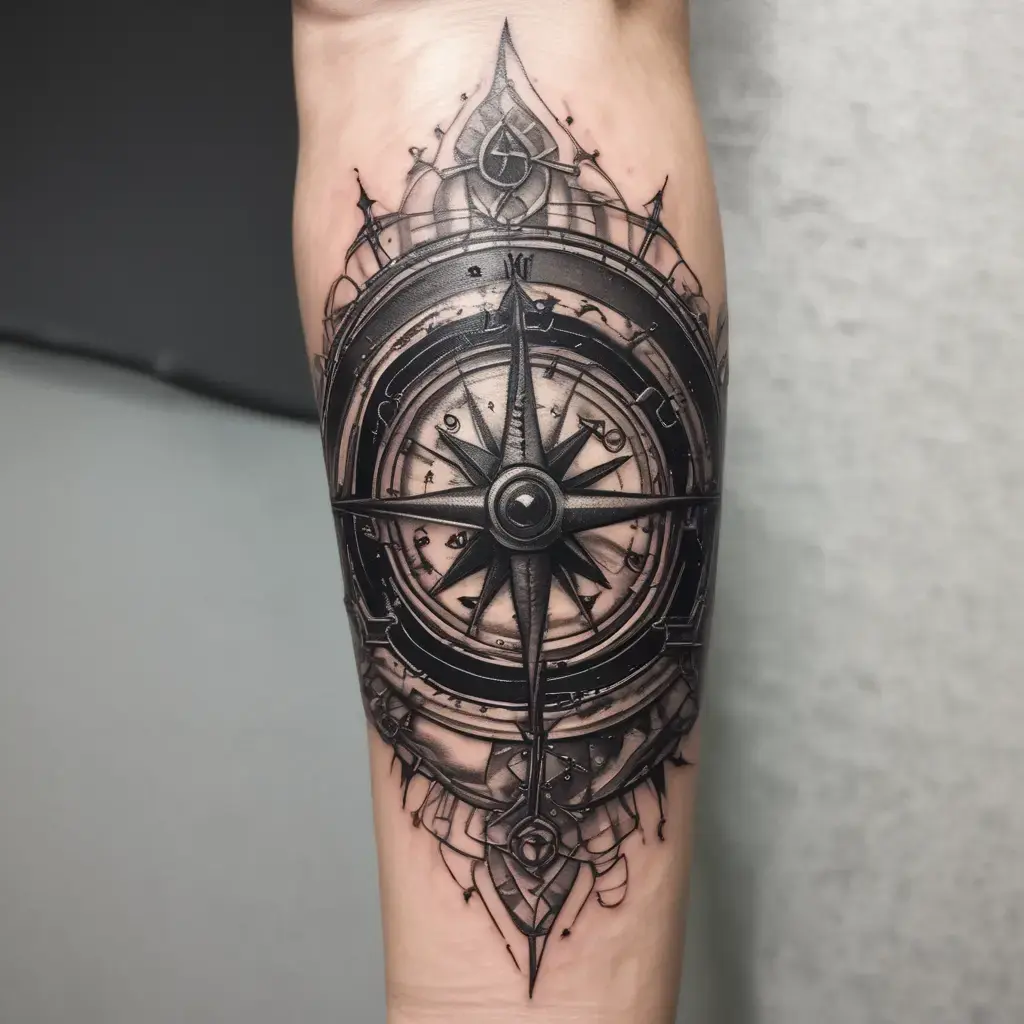 Blackwork compass tattoo with geometric accents on the outer forearm