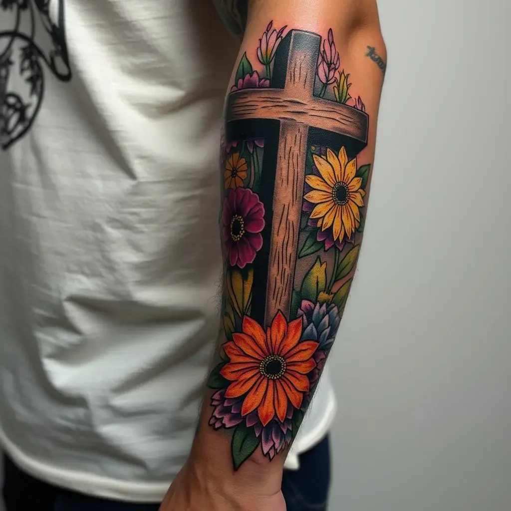 Realistic Cross with Floral Arrangement