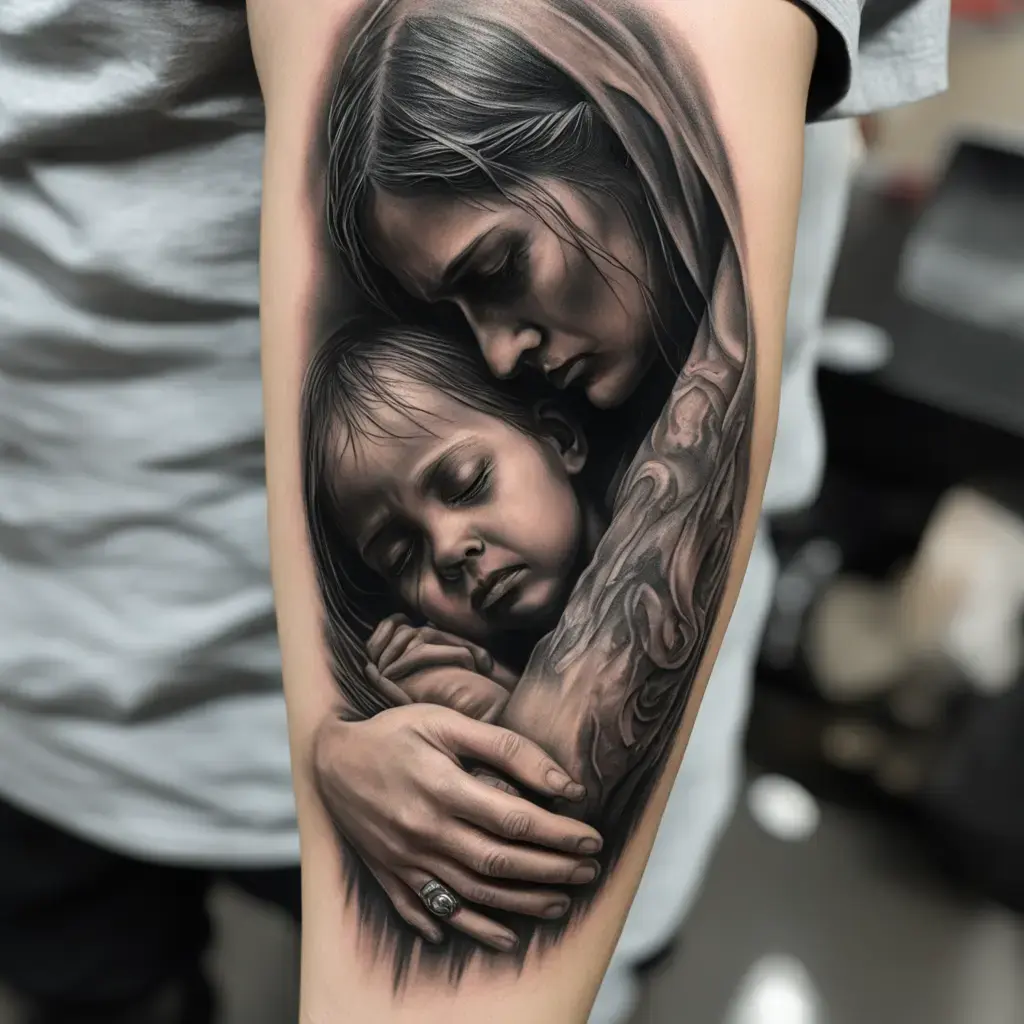 Forearm tattoo of a mother holding her child in a realistic portrait style.