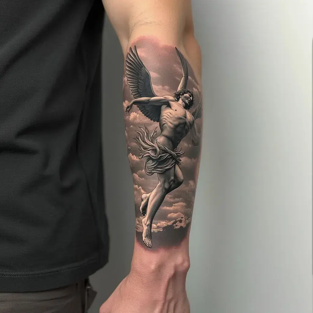 Icarus falling surreal forearm tattoos for men