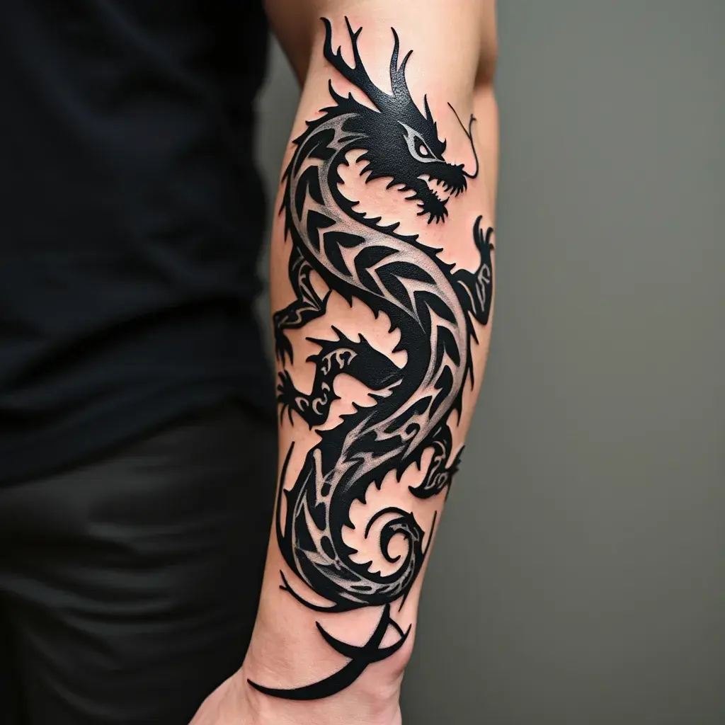 Tribal dragon forearm tattoo for men