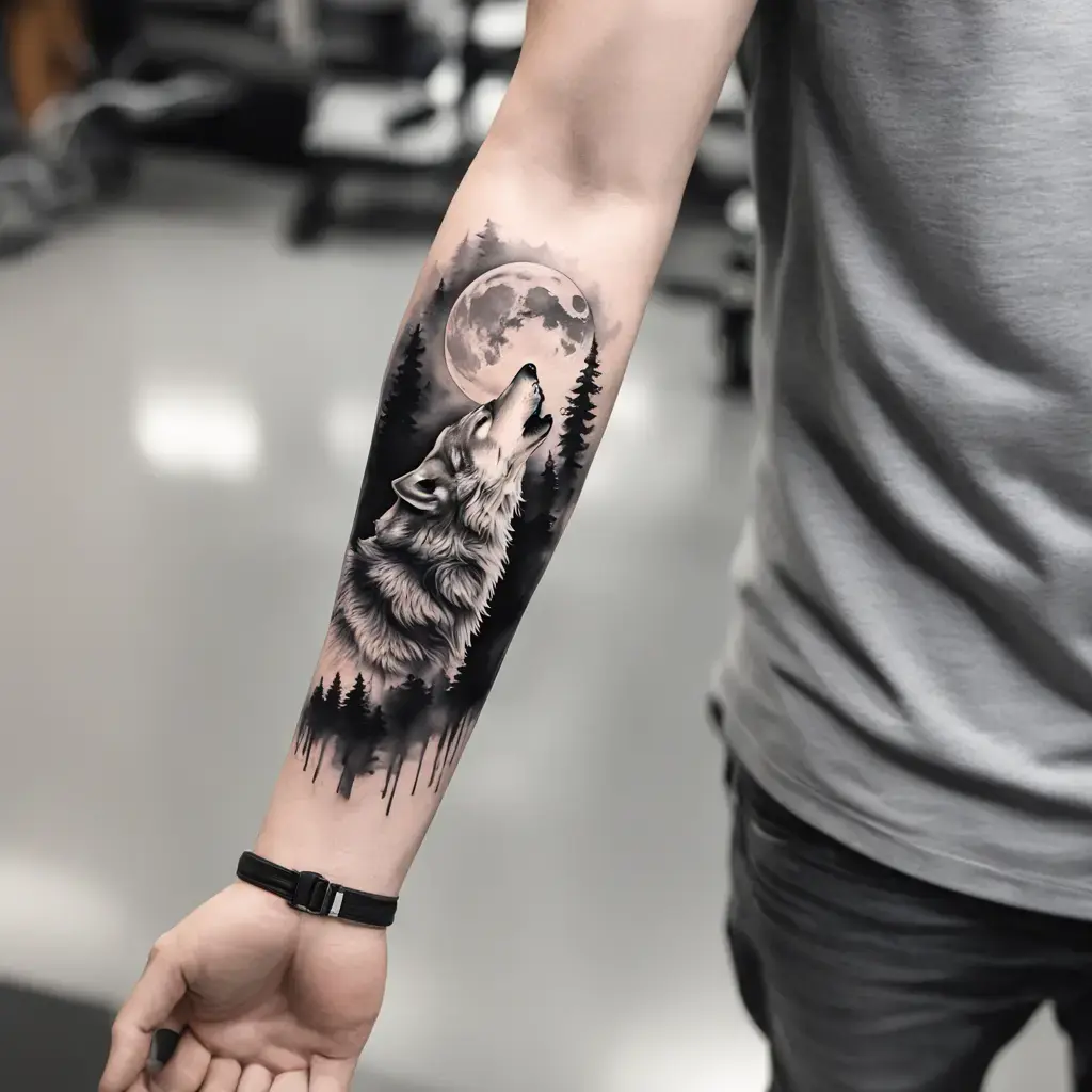 Wolf howling at the moon forearm tattoo