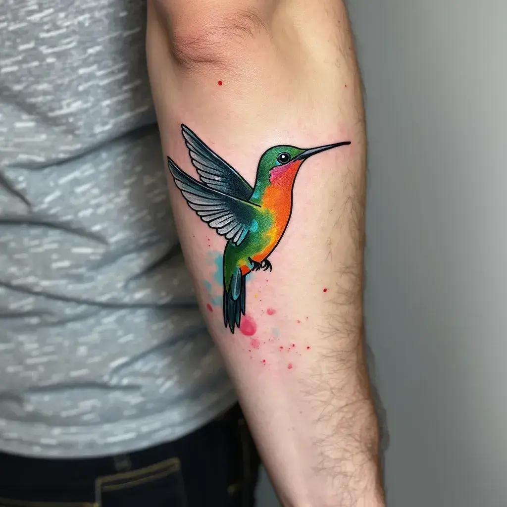 Watercolour hummingbird forearm tattoos for men