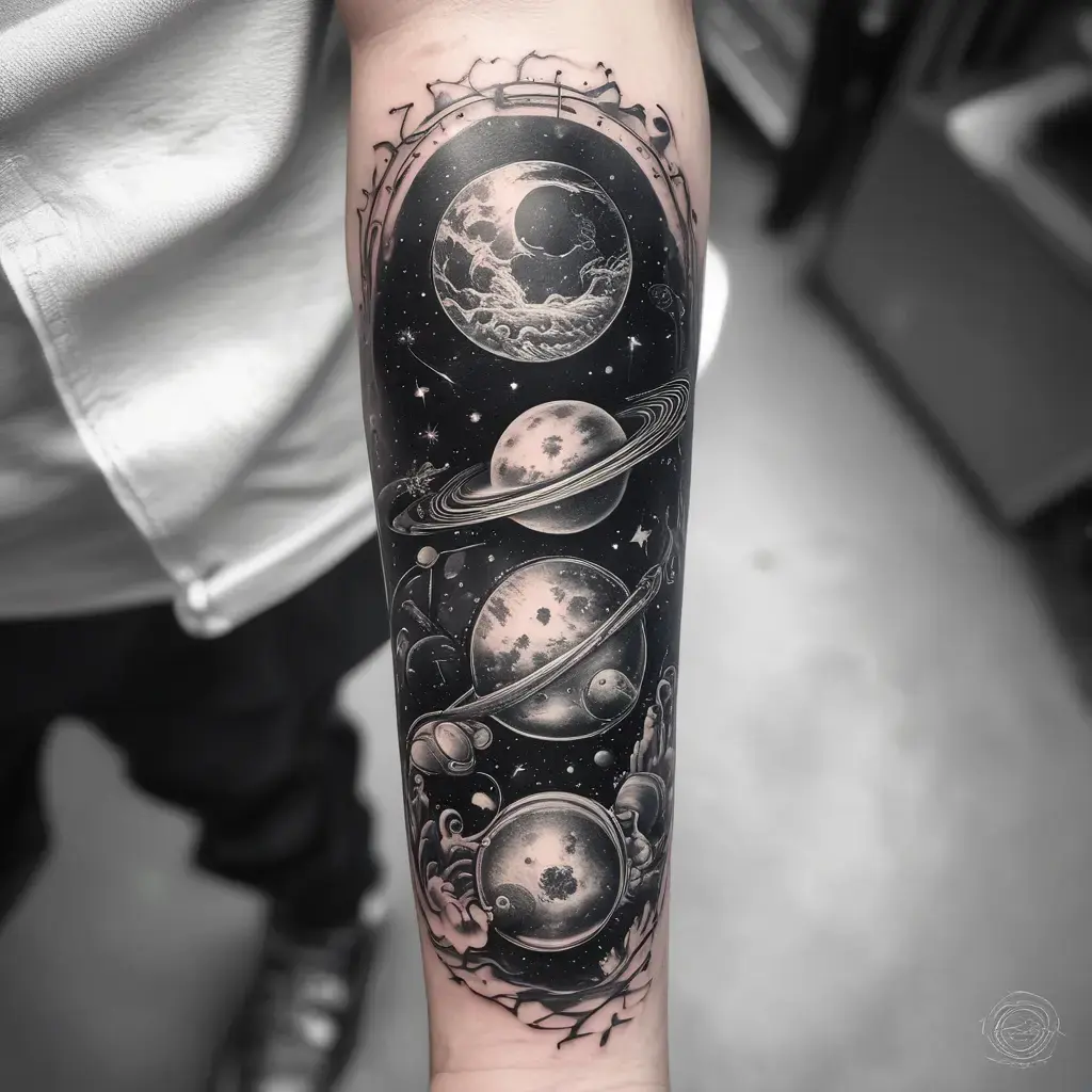 Celestial planets and stars forearm tattoo