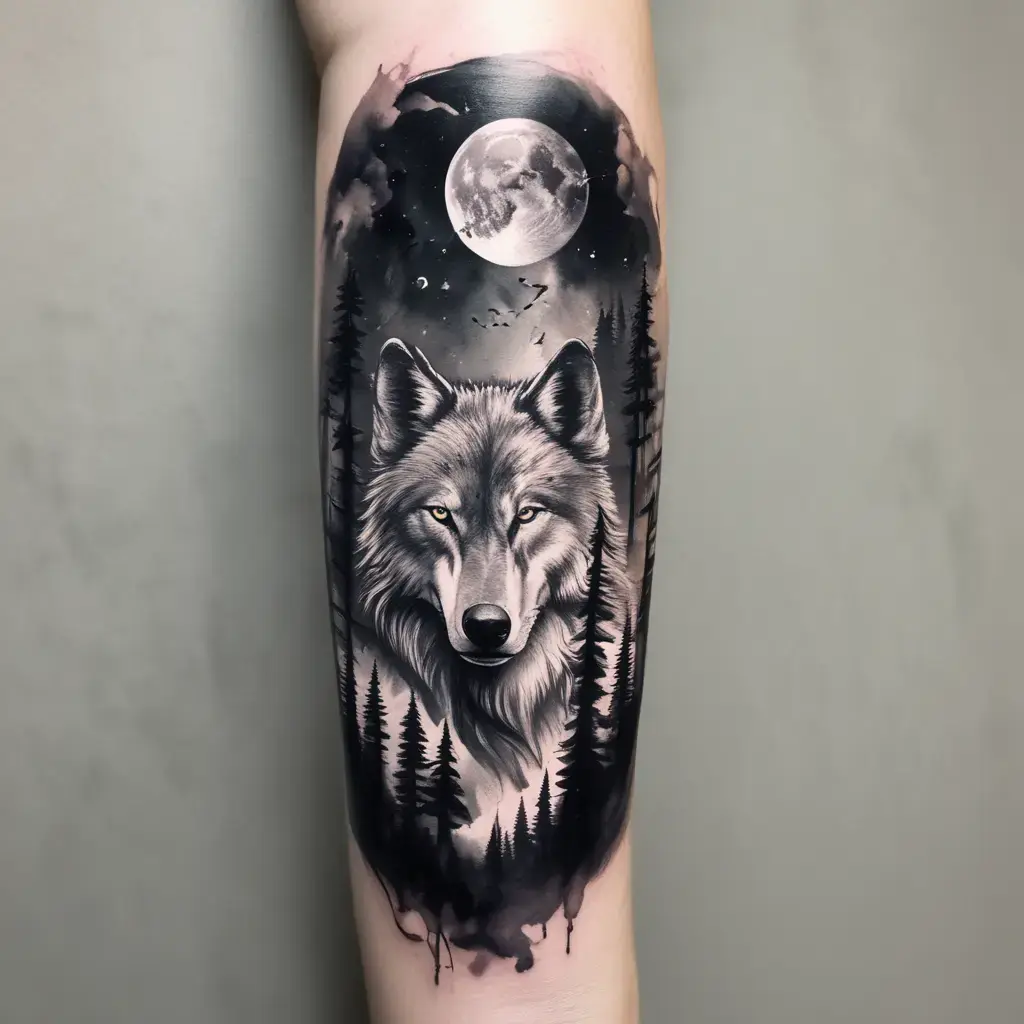 Wolf under the full moon forearm tattoo