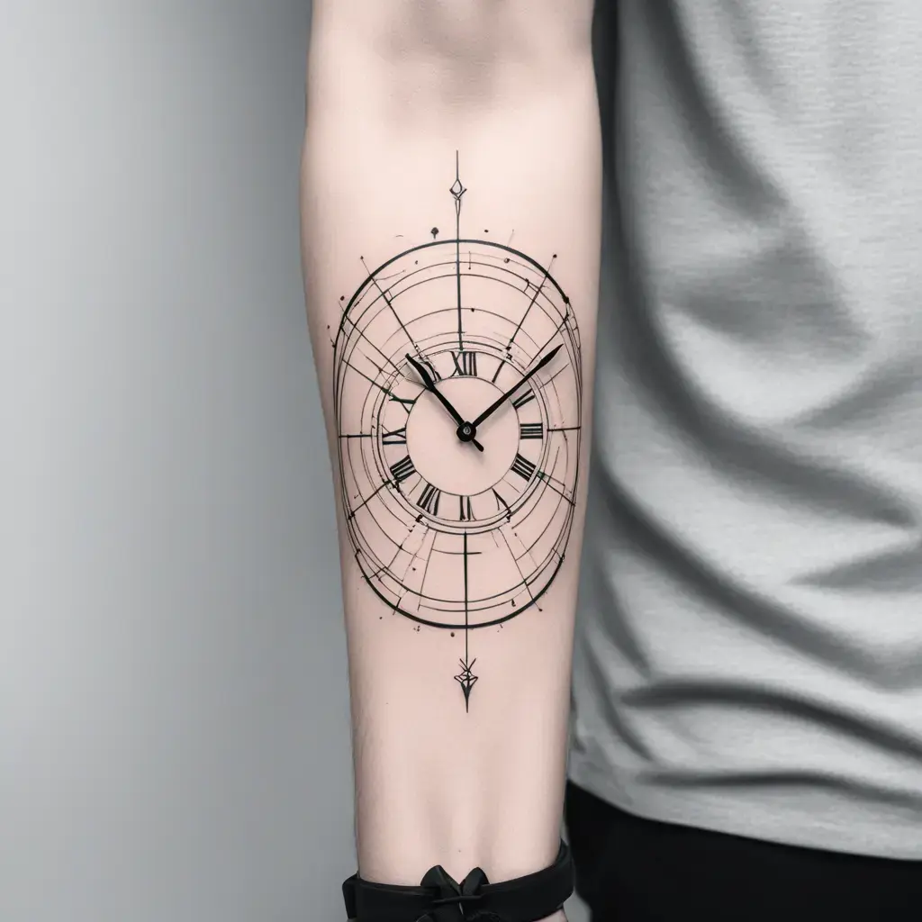 Minimalist clock with Roman numerals forearm tattoo