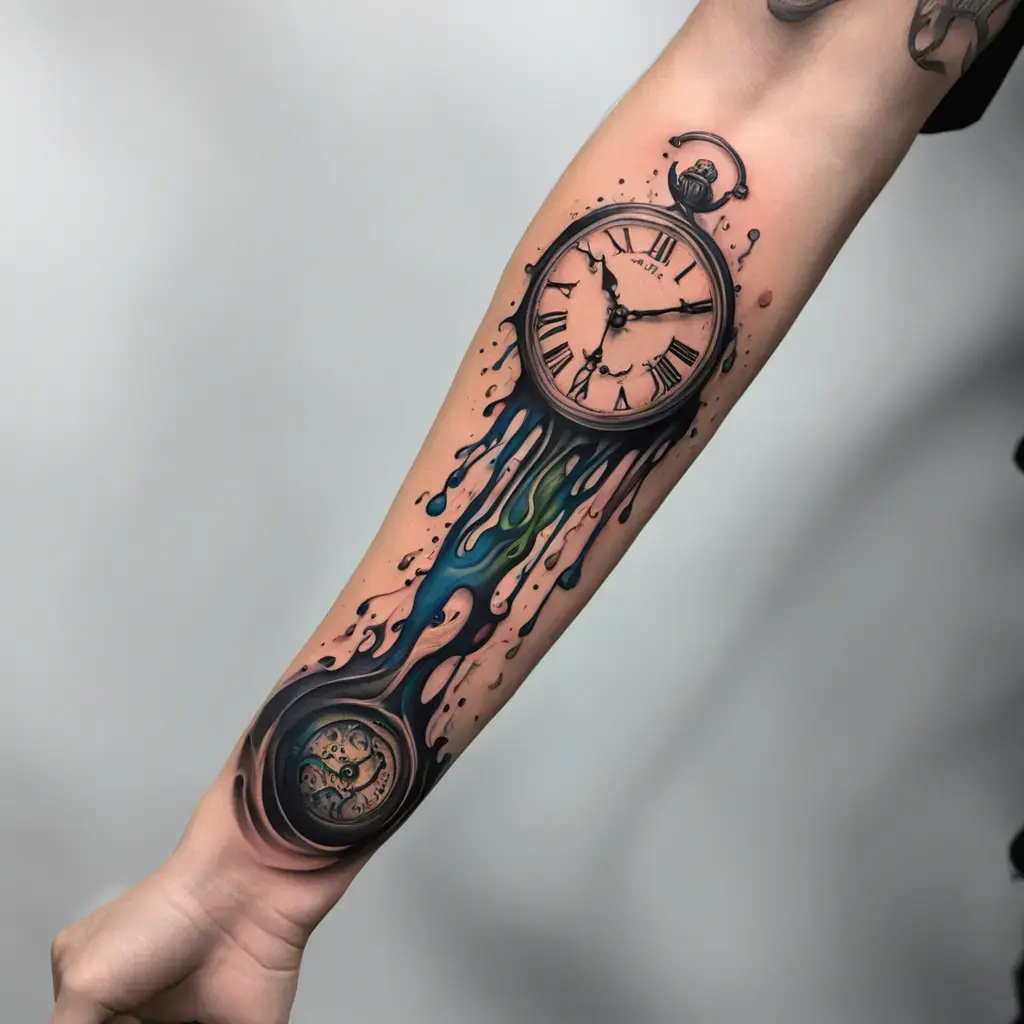 Melting clock surreal forearm tattoo